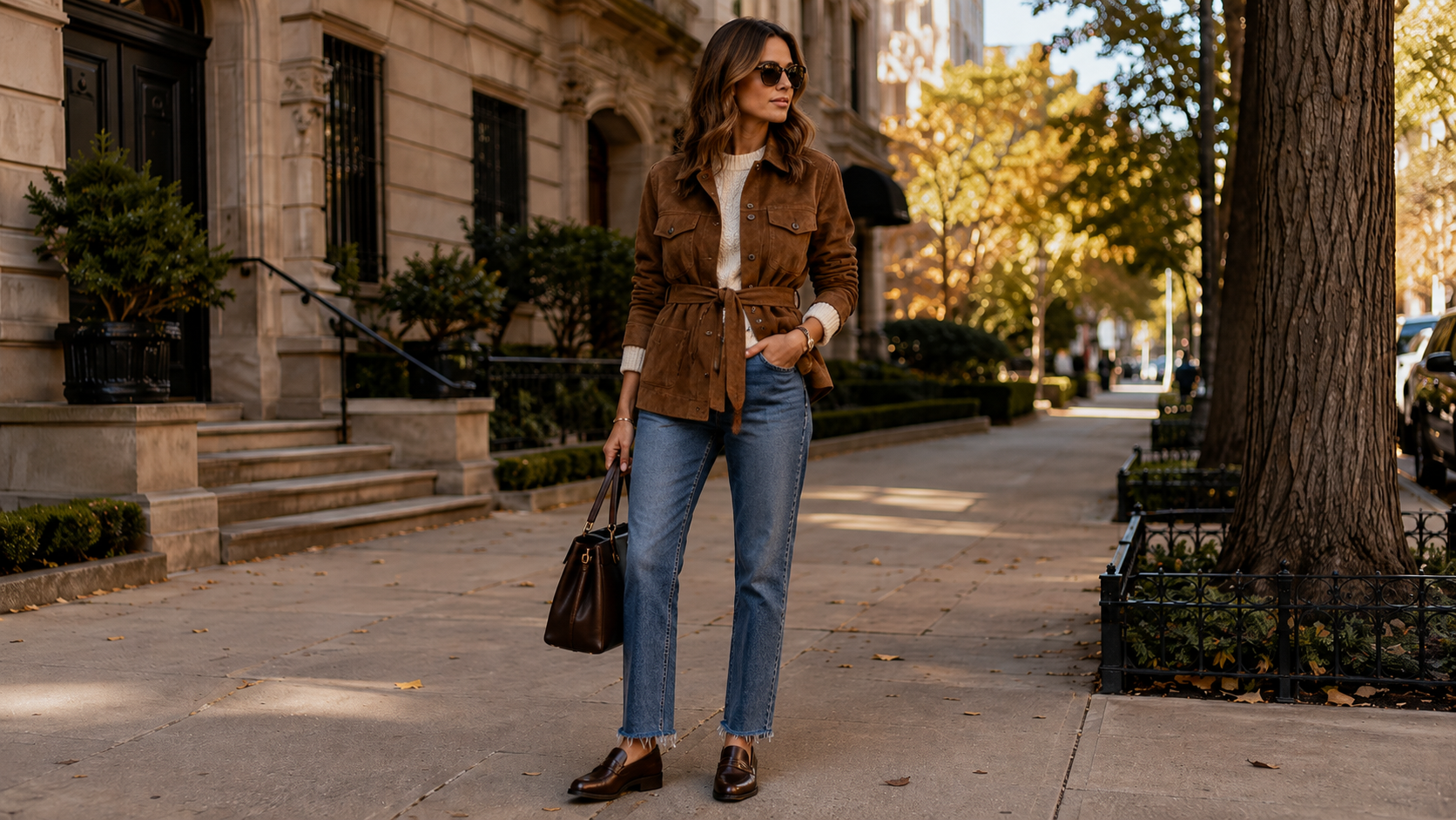 Belted Suede Safari Jacket with Cream Fisherman Sweater and Raw-Hem Denim Fall Outfit